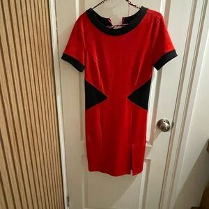 Suzy Shier Red and Black Sheath Dress with Cuffed Sleeves